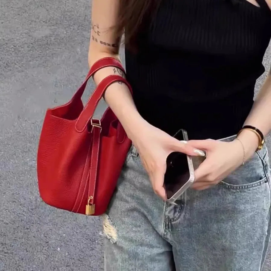 Red Faux Leather Top Handle Bucket Bag — product view | BTendance
