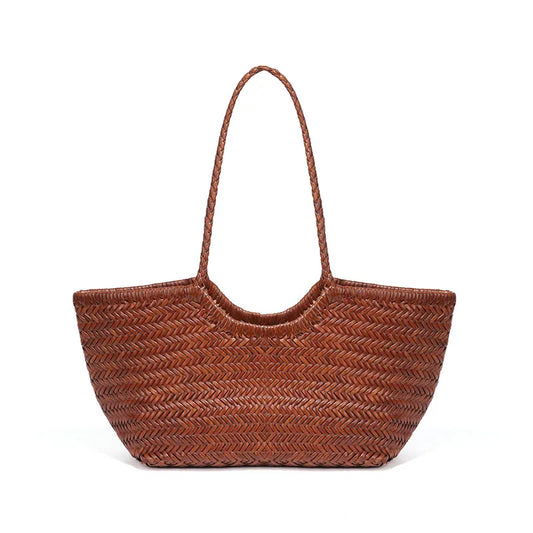 Woven texture tote with drawstring lining – Rust brown tote on white background | BTendance