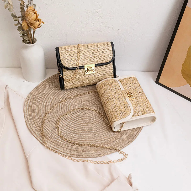 Woven flap crossbody bag with chain strap – Black and cream trim bags on display | BTendance