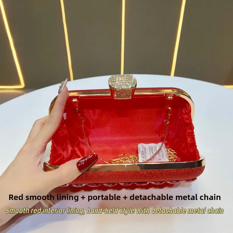 Women's Faceted Rhinestone Evening Clutch with Chain – Open interior and chain | BTendance