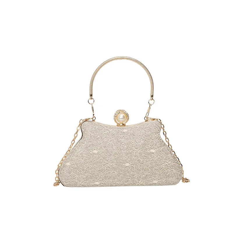 Women's Textured Evening Bag with Pearl-Effect Clasp – Gold front | BTendance
