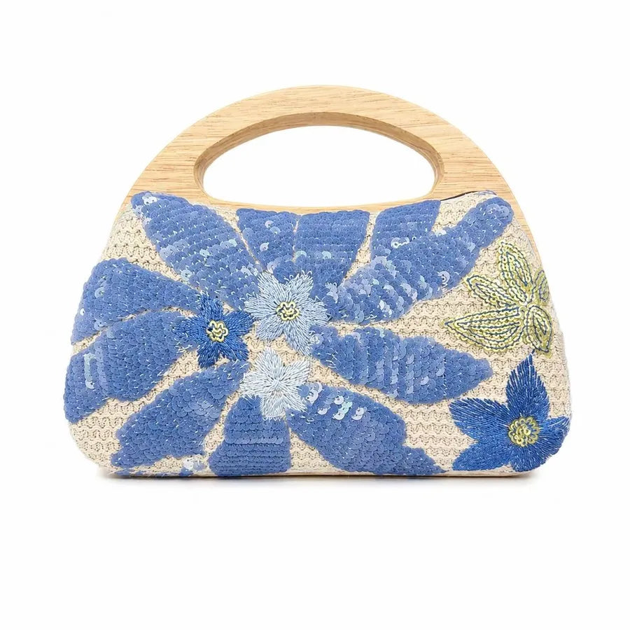 Women's Floral Embroidered Straw Evening Bag with Oval Handle – Single-sided design front | BTendance