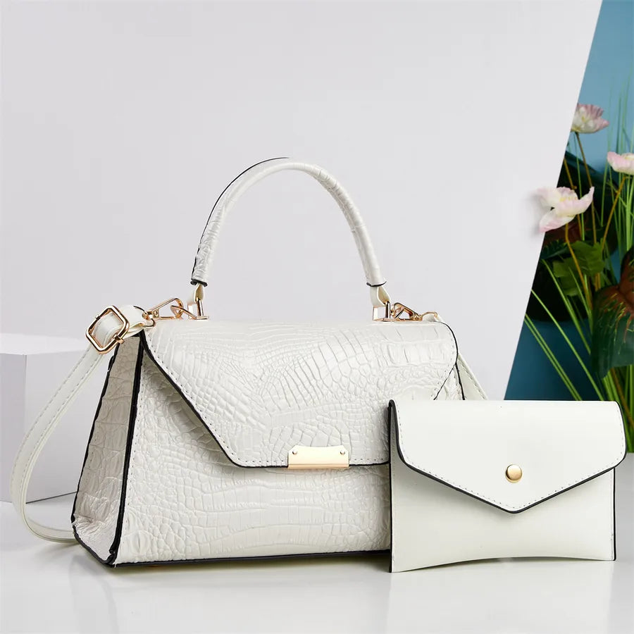 Croc-Embossed Faux Leather Handbag & Pouch Set in White | BTendance