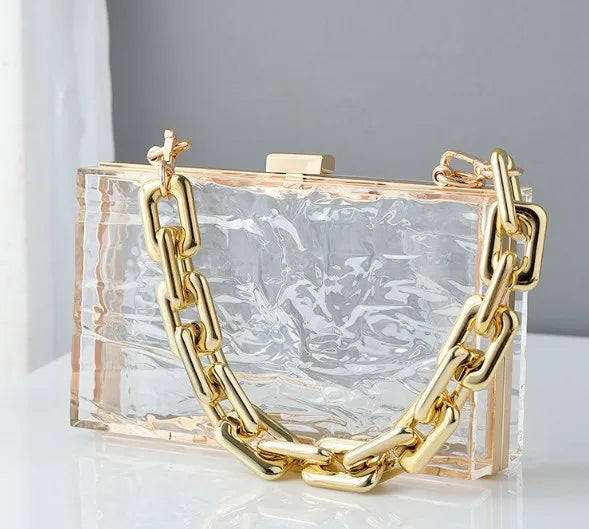 Transparent box bag with gold tone chain – Clear bag with chunky chain, front view | BTendance