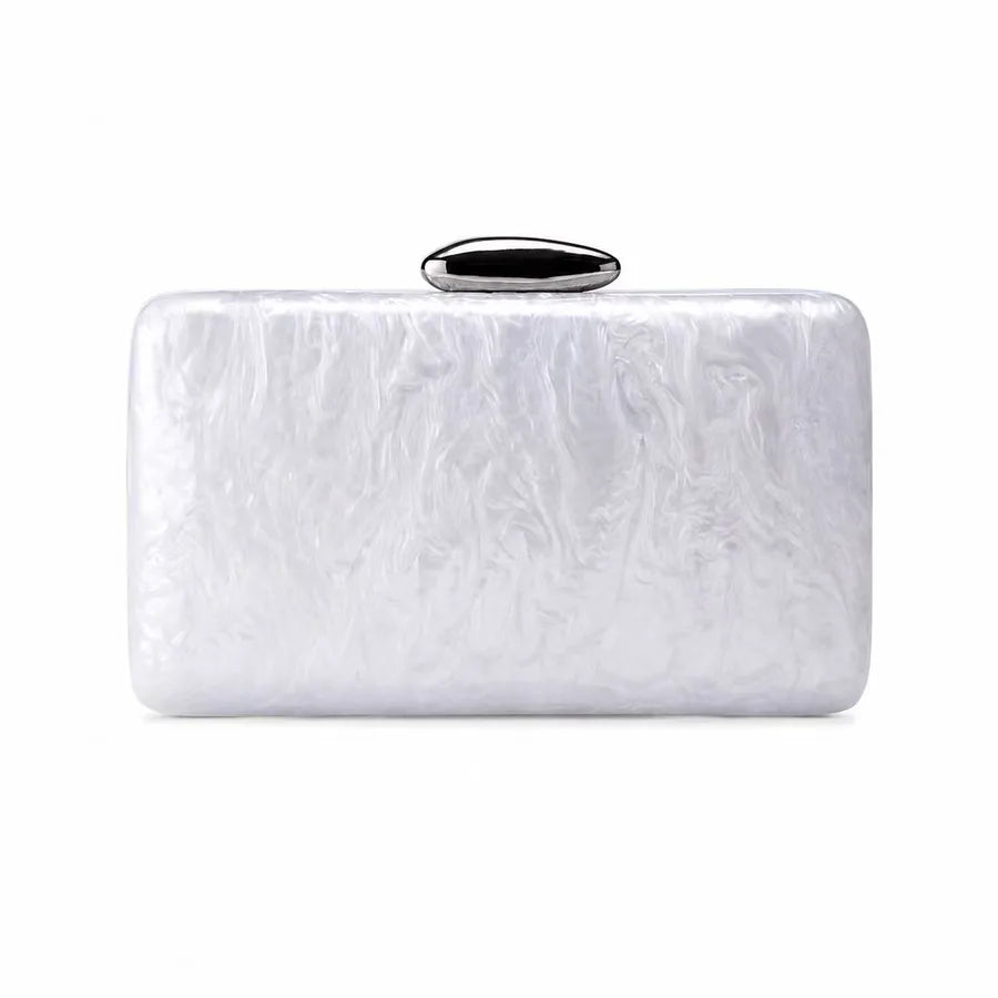Women's Marbled Acrylic Rectangle Clutch with Oval Clasp – Silver front | BTendance