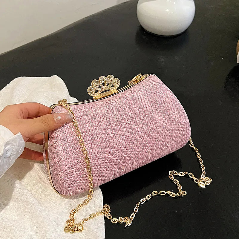 Women's Crown Clasp Rhinestone Evening Bag – Pink held for scale | BTendance