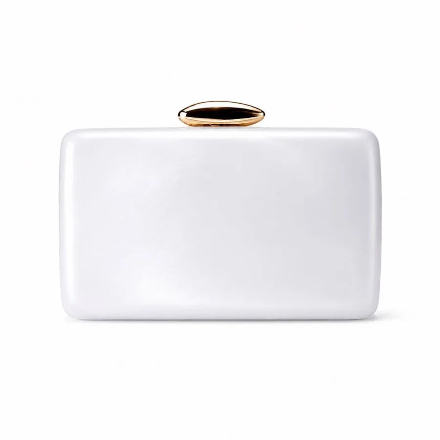 Women's Marbled Acrylic Rectangle Clutch with Oval Clasp – White front | BTendance