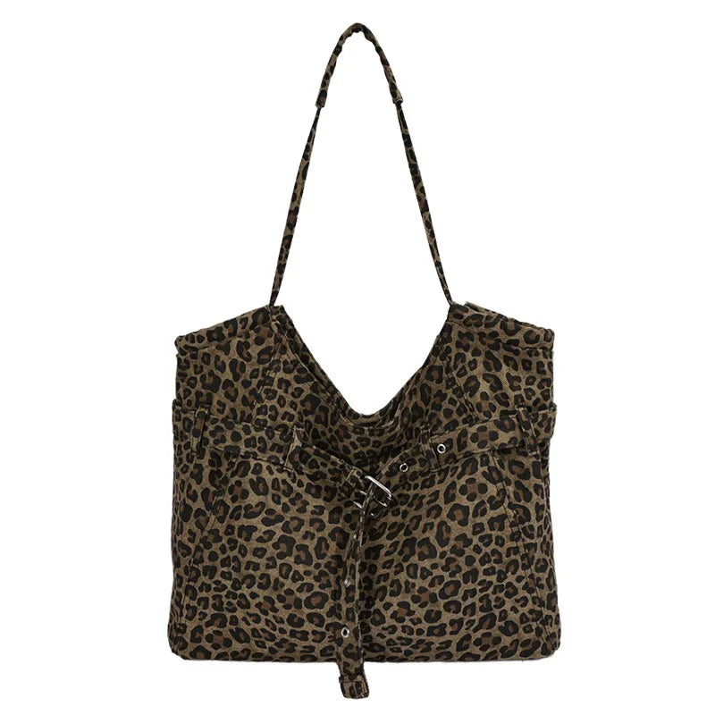Leopard-print shoulder tote with front buckle detail — front view on white background | BTendance