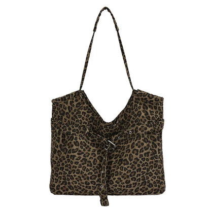 Leopard-print shoulder tote with front buckle detail — front view on white background | BTendance