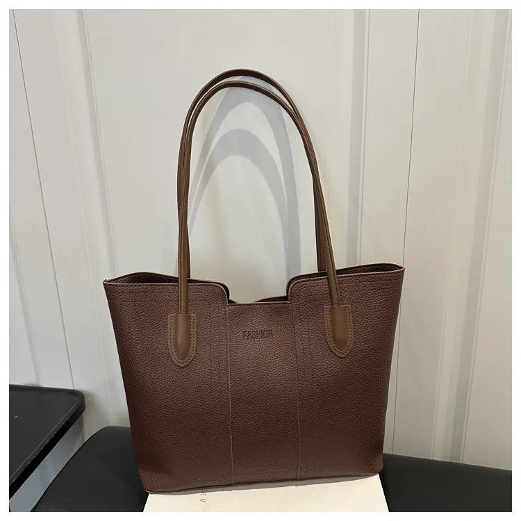 Structured tote bag with long handles – Dark brown bag, front view | BTendance