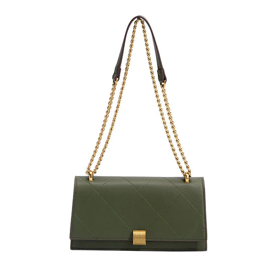 Geometric stitched chain shoulder bag – Olive green bag on white background | BTendance