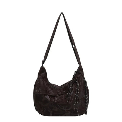 Patterned shoulder bag with braided front detail — brown on white background | BTendance