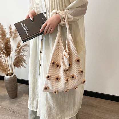 Flower applique knit shoulder tote – Brown flower tote carried by hand | BTendance