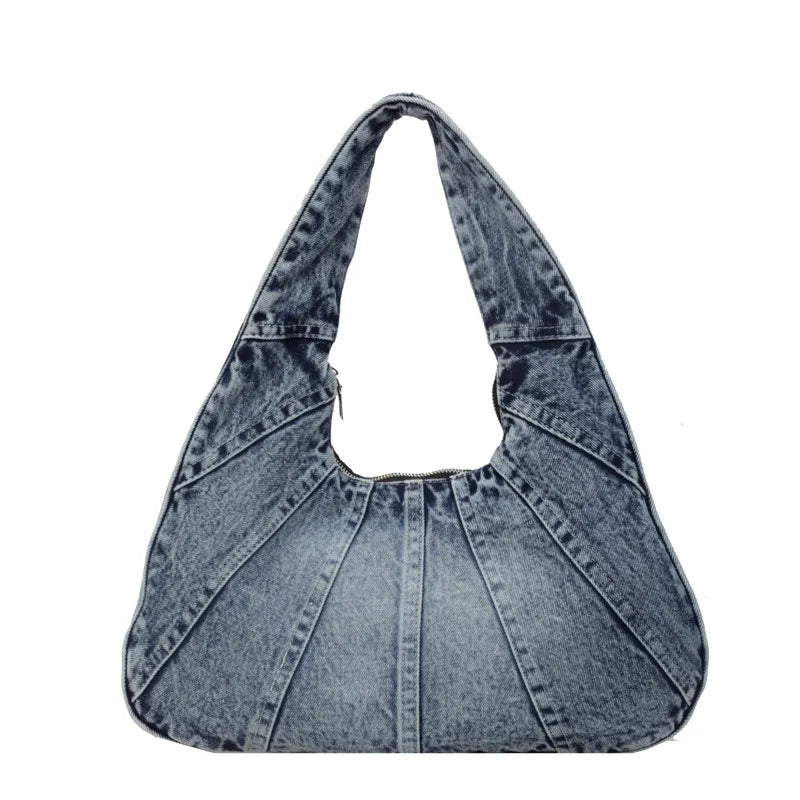 Denim shoulder bag with panel seams – Light wash blue bag, front view | BTendance