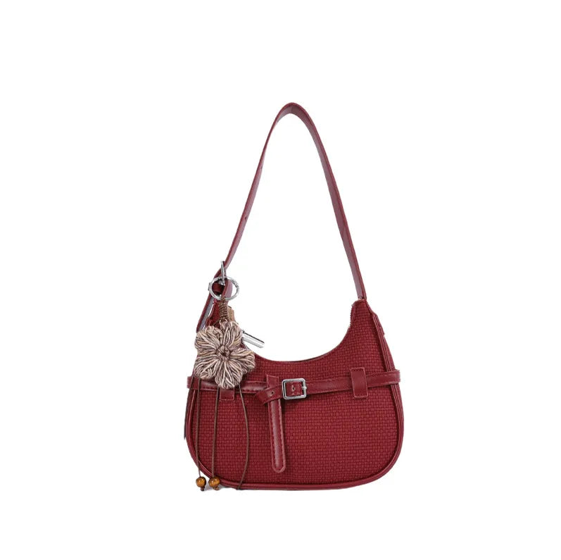 Buckle shoulder bag with floral charm – Red bag, front view | BTendance