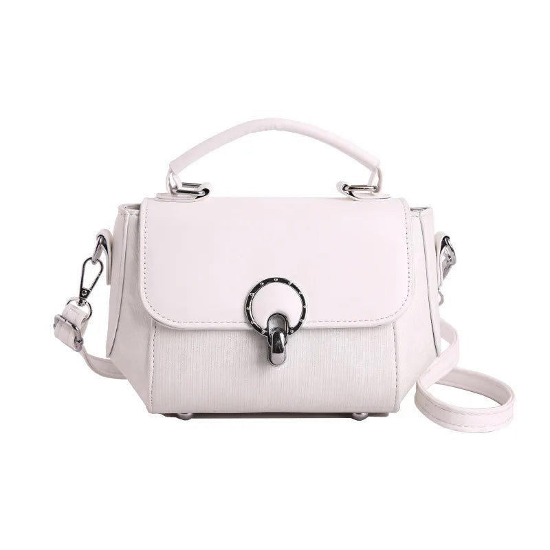 Ring clasp top handle crossbody bag – White bag with shoulder strap, front view | BTendance