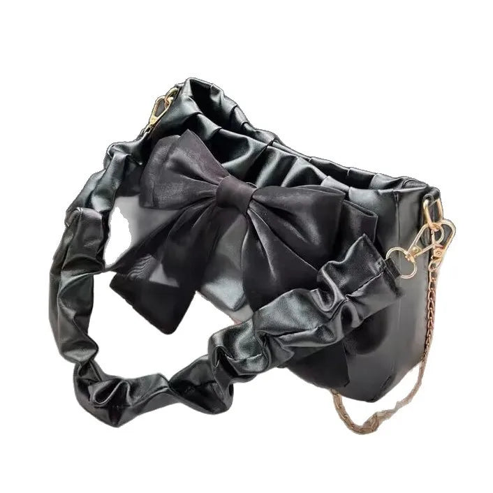 Bow-detail shoulder bag with gathered handle — black on white background | BTendance
