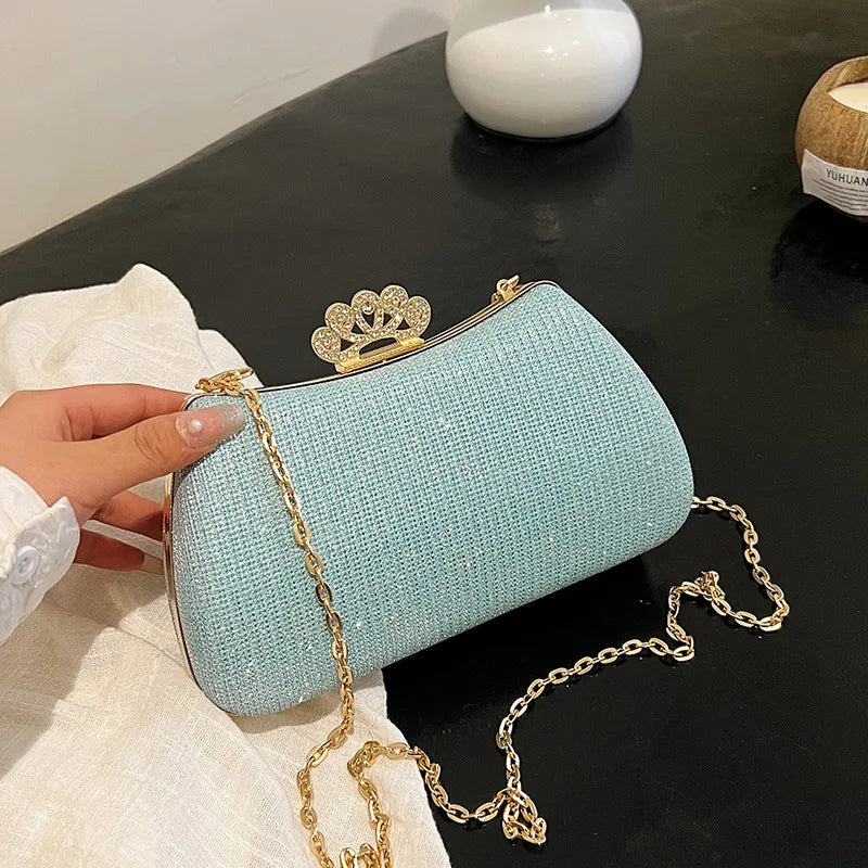 Women's Crown Clasp Rhinestone Evening Bag – Green held for scale | BTendance
