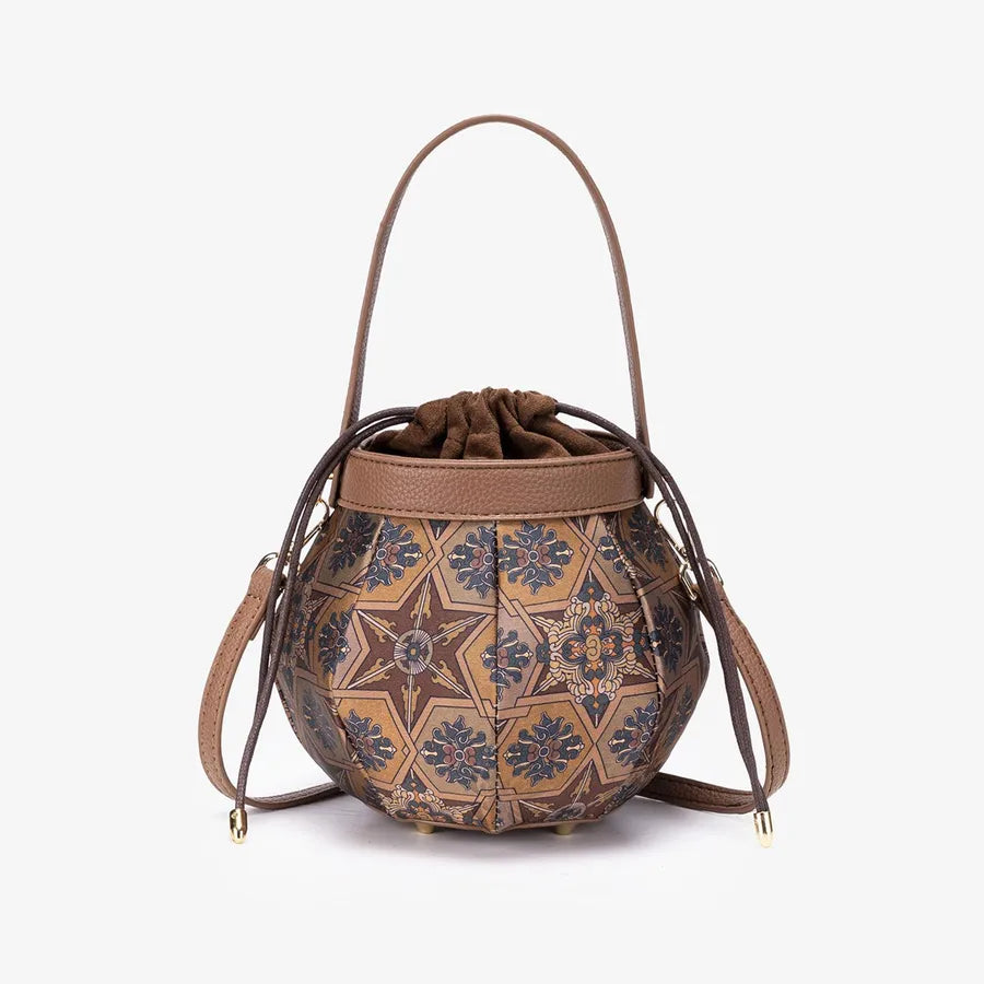 Embroidered drawstring bucket bag – Dark brown patterned bag with upright handle | BTendance