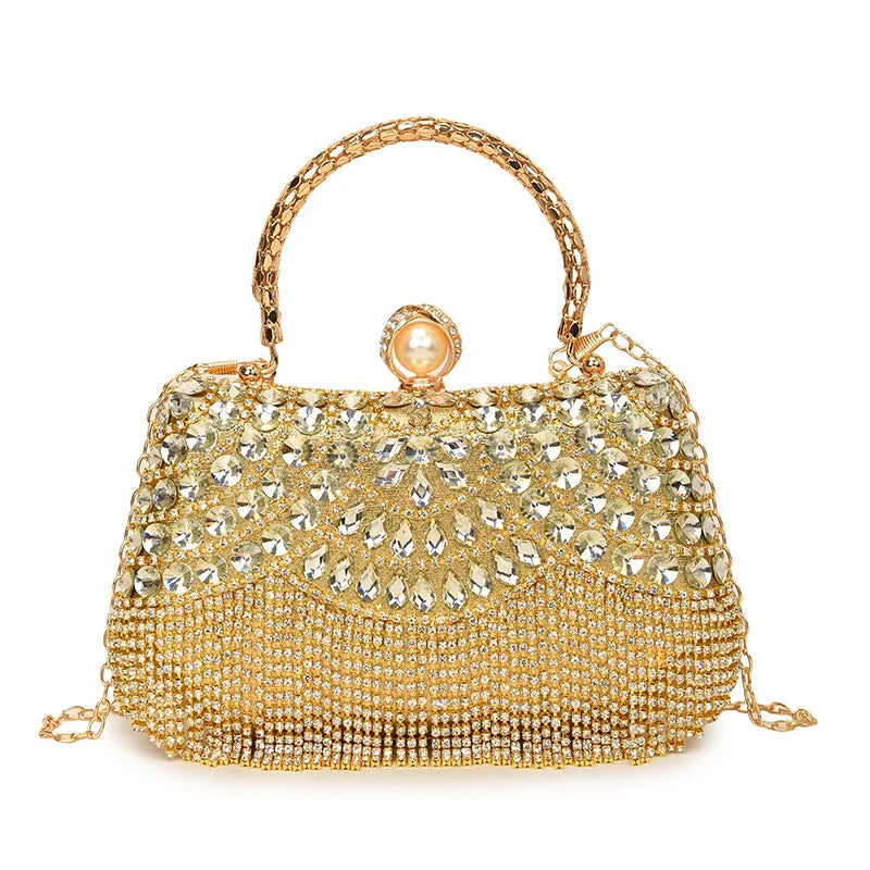 Women's Scalloped Rhinestone Mini Evening Handbag – Gold front | BTendance