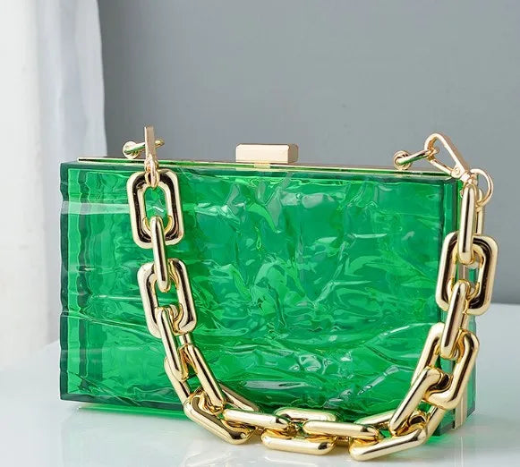 Transparent box bag with gold tone chain – Green bag with chunky chain, front view | BTendance