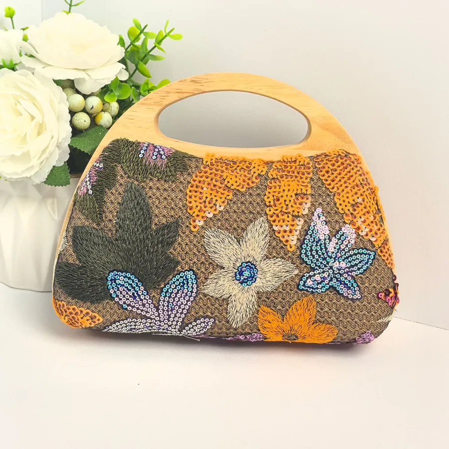 Floral Embroidered Sequin Evening Handbag in Khaki Background Orange Flower | BTendance