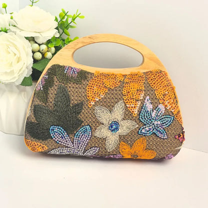 Floral Embroidered Sequin Evening Handbag in Khaki Background Orange Flower | BTendance