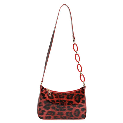 Leopard print bag with chain detail strap – Red leopard bag with full strap shown | BTendance
