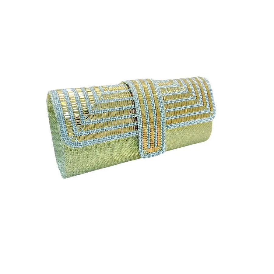 Geometric Rhinestone Flap Evening Clutch – Gold front | BTendance