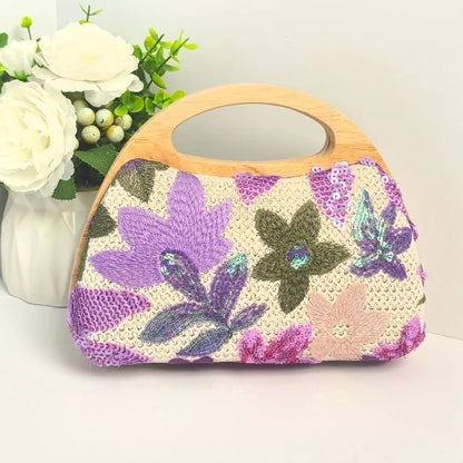 Floral Embroidered Sequin Evening Handbag in Beige Bottom Purple Pattern | BTendance
