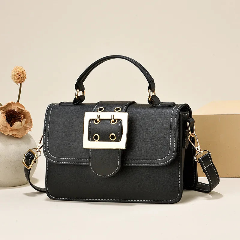 Buckle Detail Faux Leather Crossbody Bag in Black | BTendance