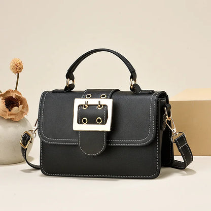 Buckle Detail Faux Leather Crossbody Bag in Black | BTendance
