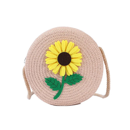 Round woven sunflower crossbody bag – Pink stem and leaf sunflower bag on white background | BTendance