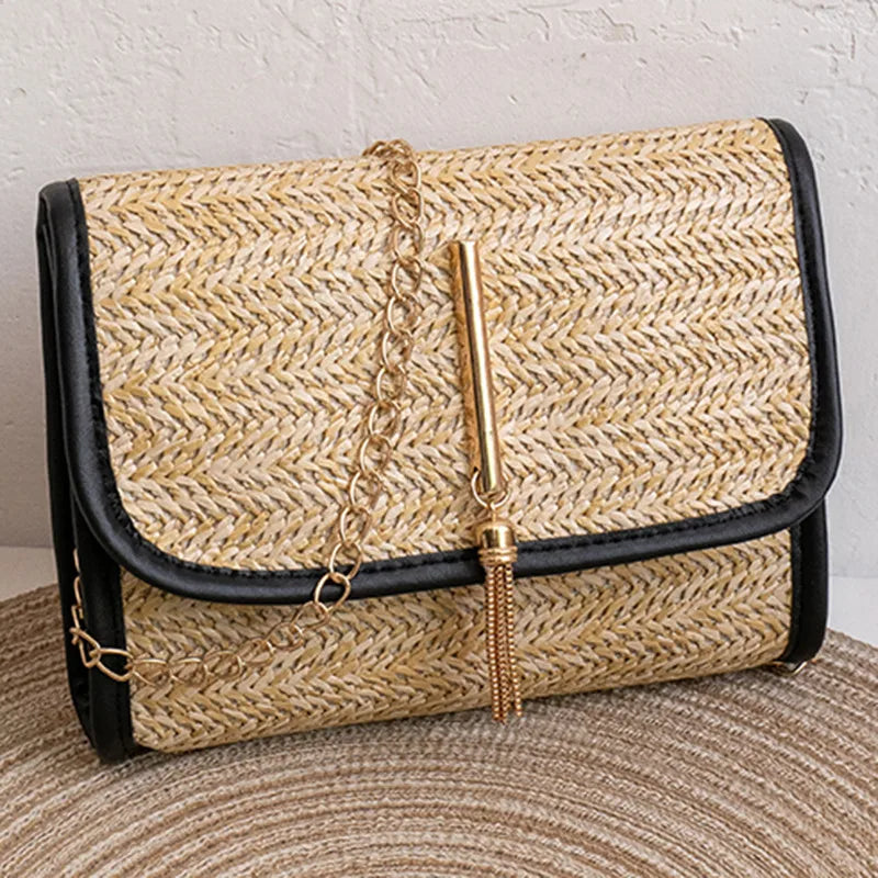 Woven flap crossbody bag with chain strap – Black trim bag with long gold bar detail | BTendance