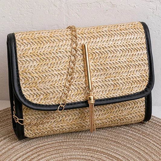 Woven flap crossbody bag with chain strap – Black trim bag with long gold bar detail | BTendance