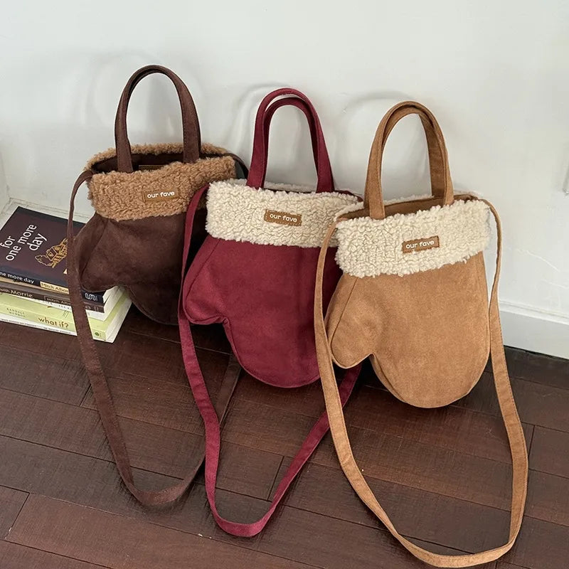 Mitten-shaped crossbody bag with contrasting plush panel — brown burgundy and tan grouped together | BTendance