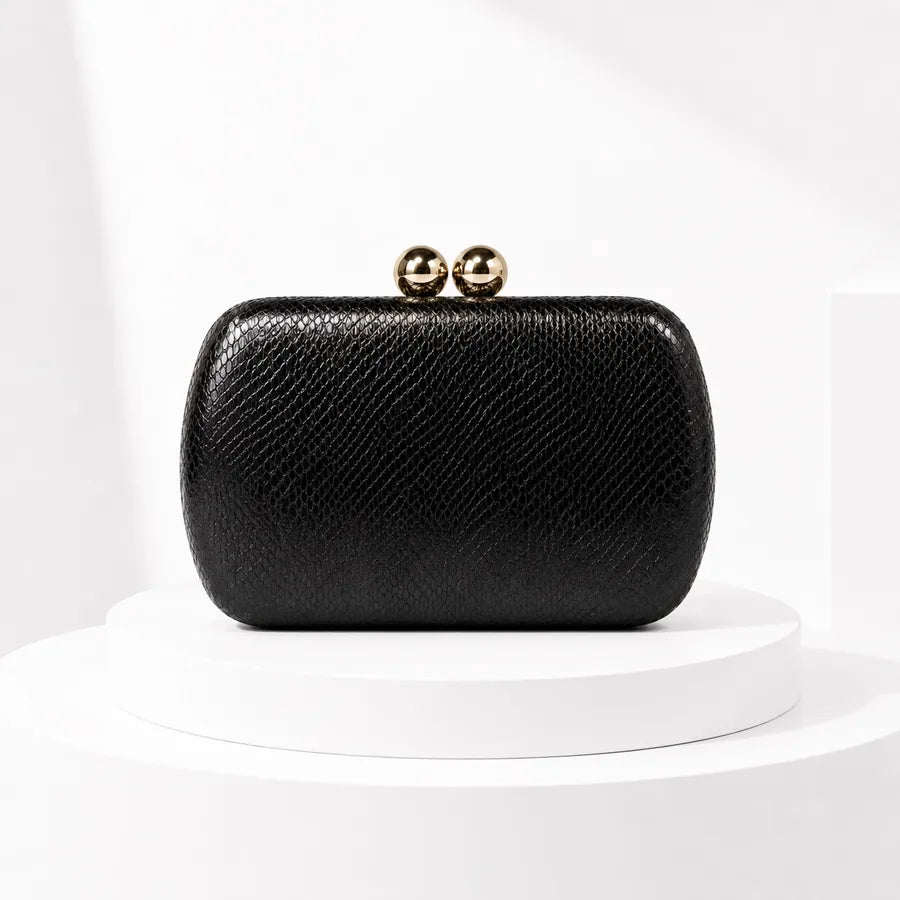 Women's Kiss-Lock Faux Leather Evening Clutch – Black front | BTendance