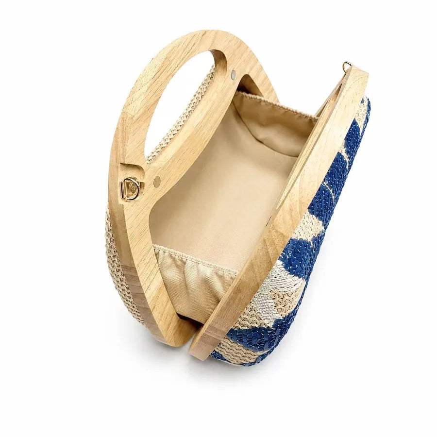 Women's Floral Embroidered Straw Evening Bag with Oval Handle – Open interior | BTendance