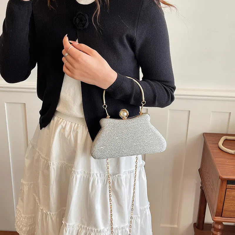 Women's Textured Evening Bag with Pearl-Effect Clasp – Silver worn on shoulder | BTendance