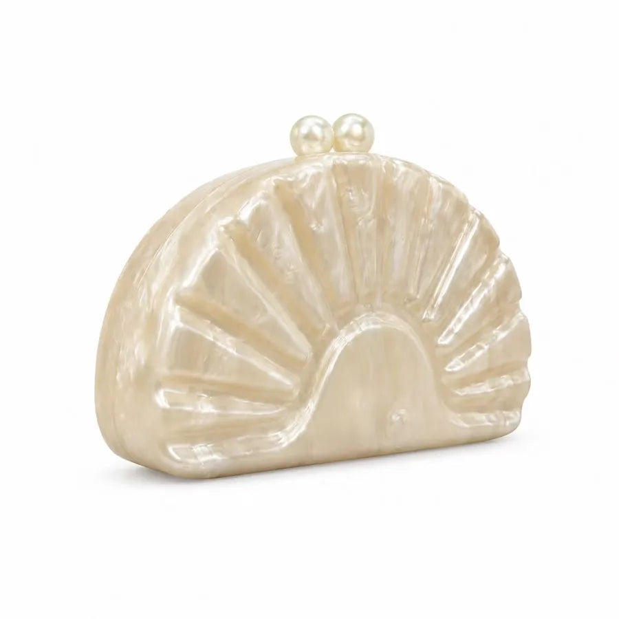 Women's Acrylic Seashell Clutch with Pearlescent Finish – Angled | BTendance
