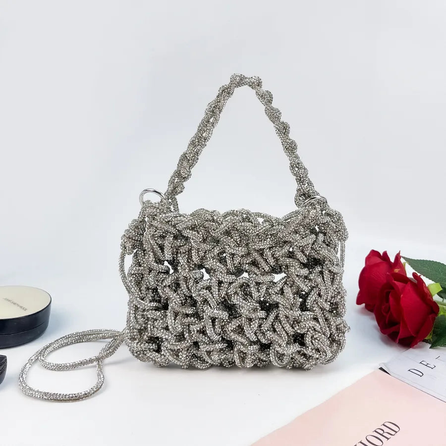 Woven Rhinestone Evening Bag with Shoulder Strap – Front | BTendance