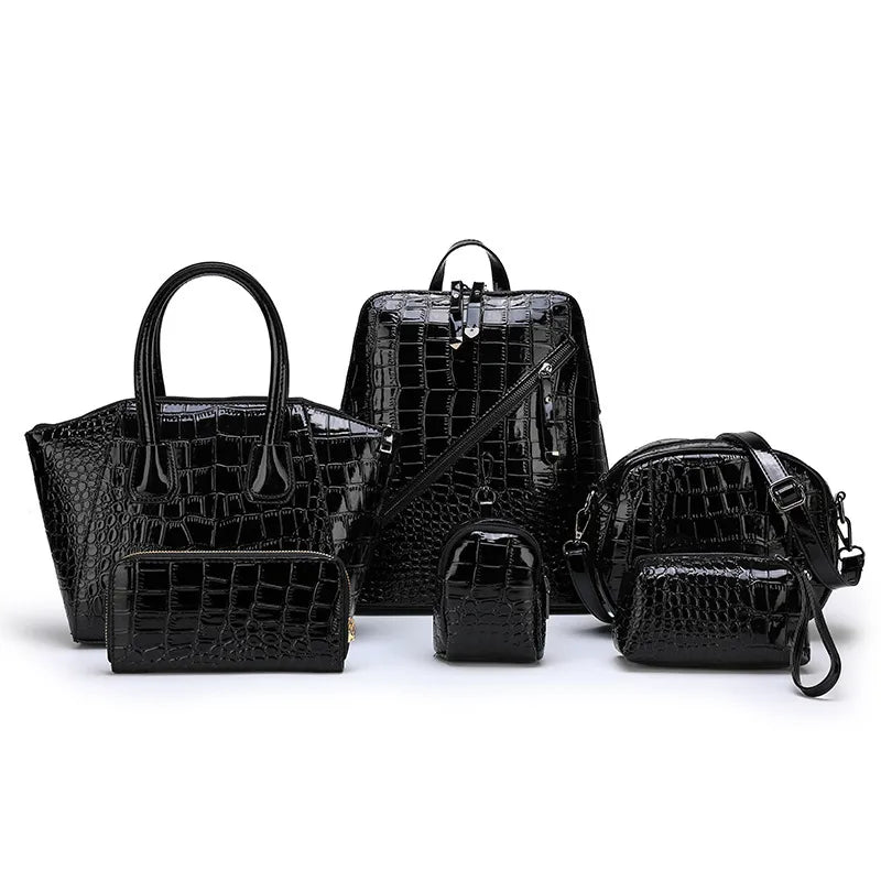 Crocodile texture matching bag set – Black matching bags and accessories on white background | BTendance