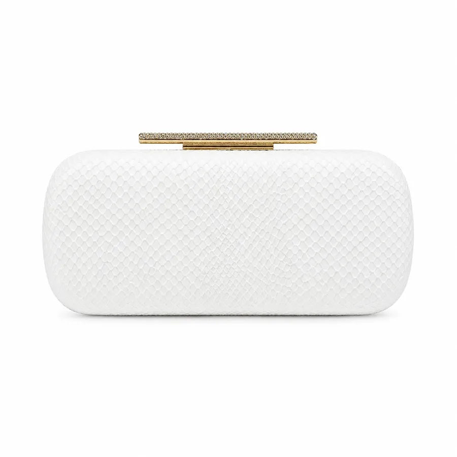 Snakeskin-texture rectangular evening clutch with bar clasp — white on white background | BTendance
