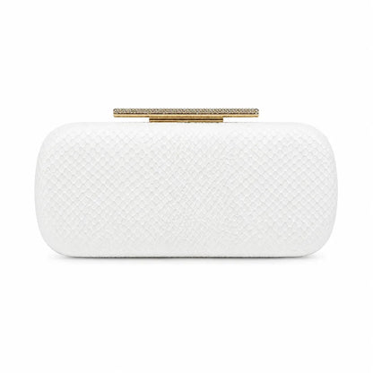 Snakeskin-texture rectangular evening clutch with bar clasp — white on white background | BTendance