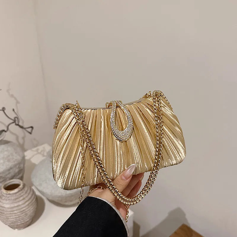 Pleated Evening Bag with Rhinestone Loop Detail – Gold with chain | BTendance