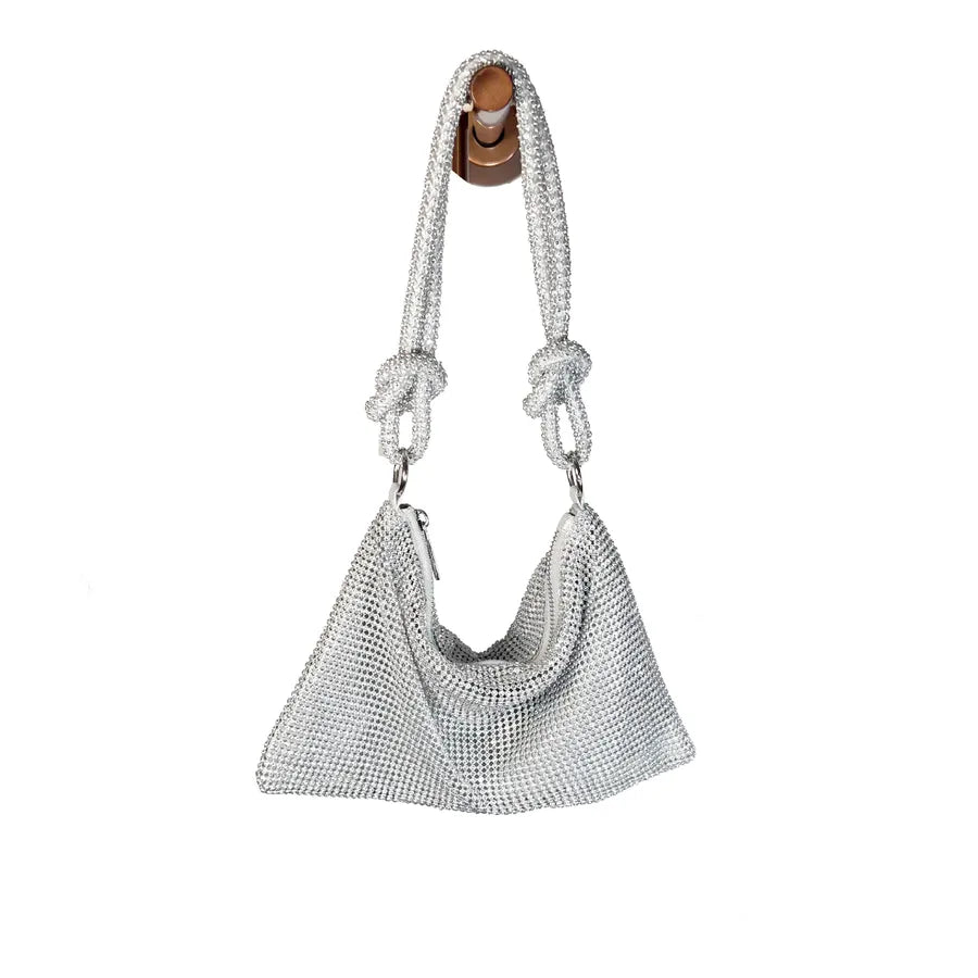Knotted Rhinestone Hobo Shoulder Bag – Silver front | BTendance