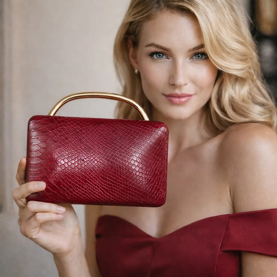 Croc-Embossed Faux Leather Top Handle Evening Bag – Wine red held for scale | BTendance