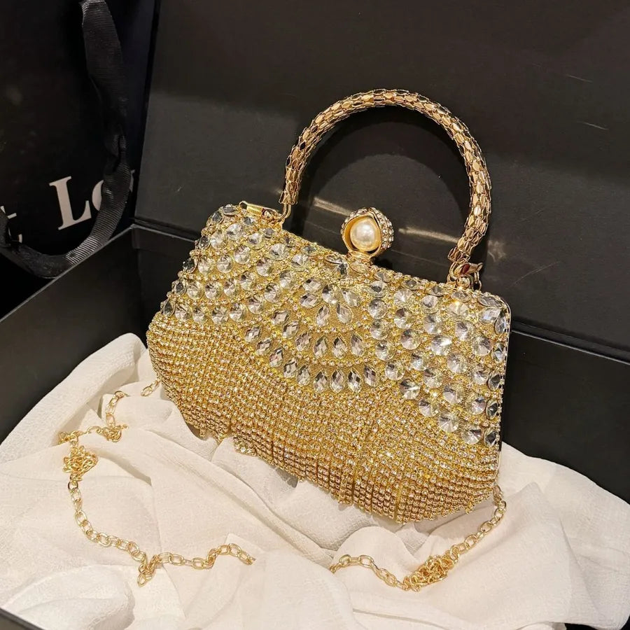 Women's Scalloped Rhinestone Mini Evening Handbag – Gold with chain | BTendance