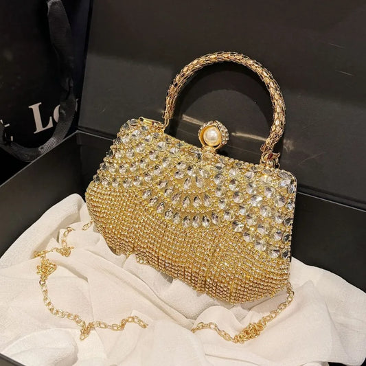 Women's Scalloped Rhinestone Mini Evening Handbag – Gold with chain | BTendance