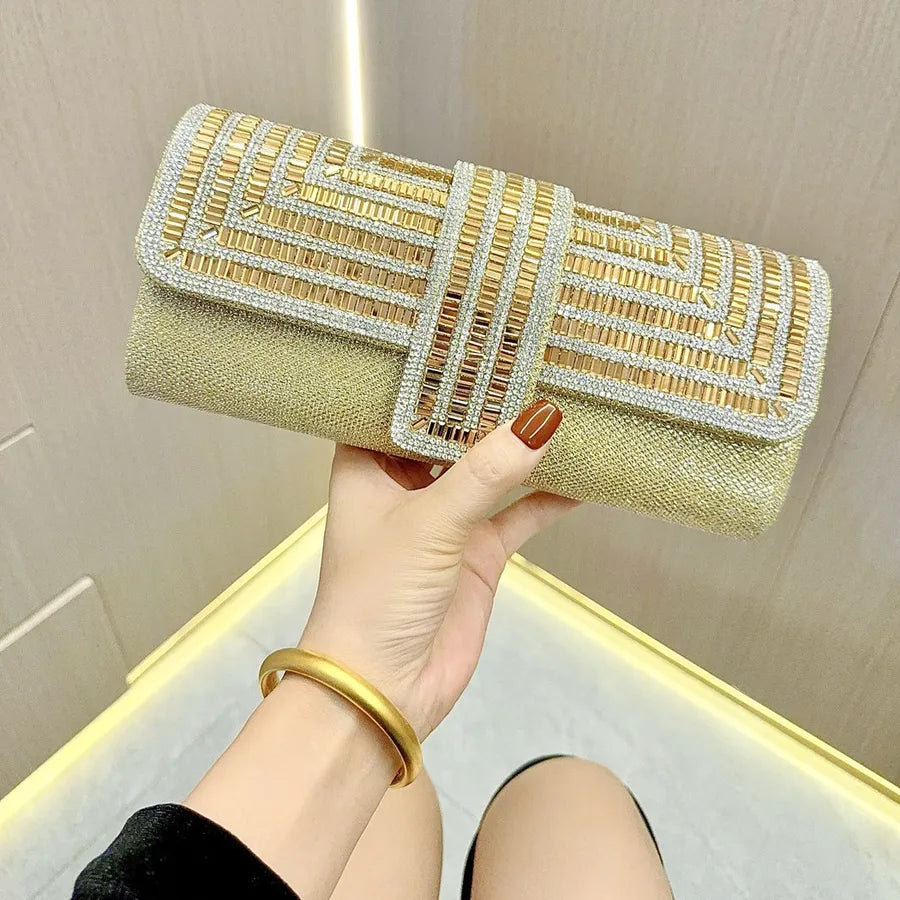 Geometric Rhinestone Flap Evening Clutch – Gold held for scale | BTendance
